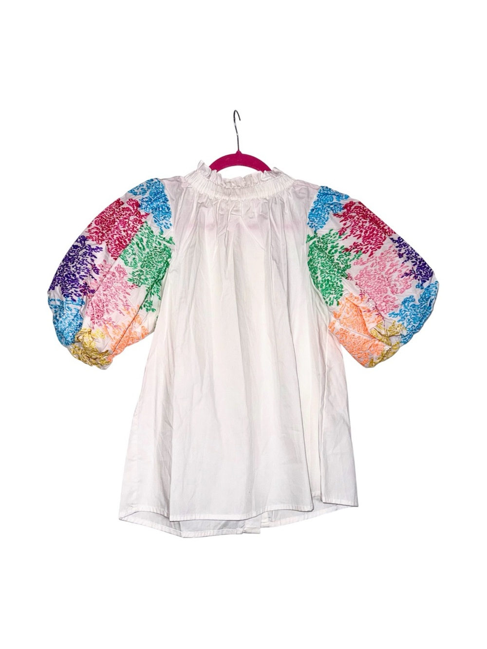 THML, white blouse with multi colored embroidered puff sleeves, button back, NWT